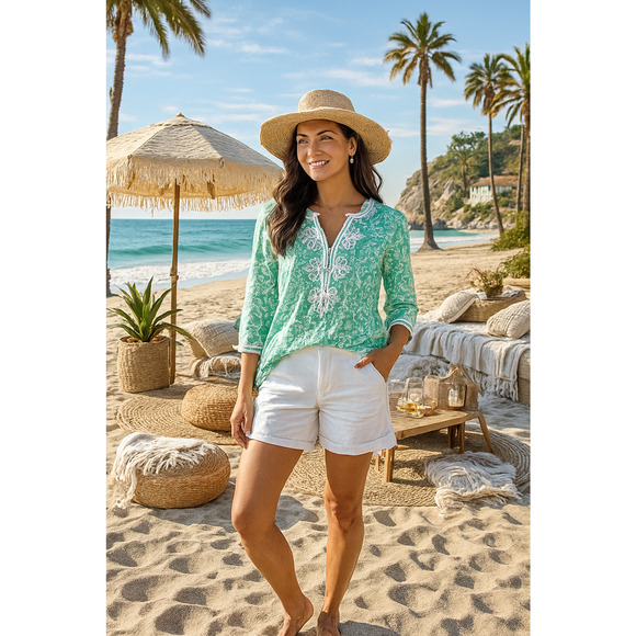 Women’s Embroidered Linen Tunic Size XL Green White California Beachy Resortcore - Picture 1 of 9